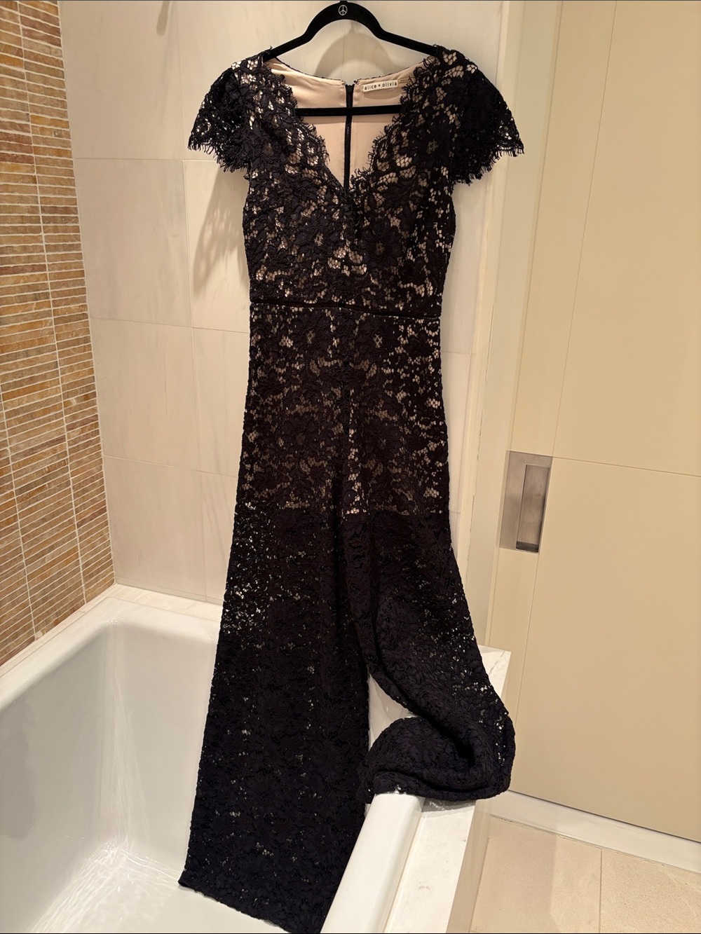 Alice + Olivia nude shorts romper Dress with Black Lace overlay pants suit